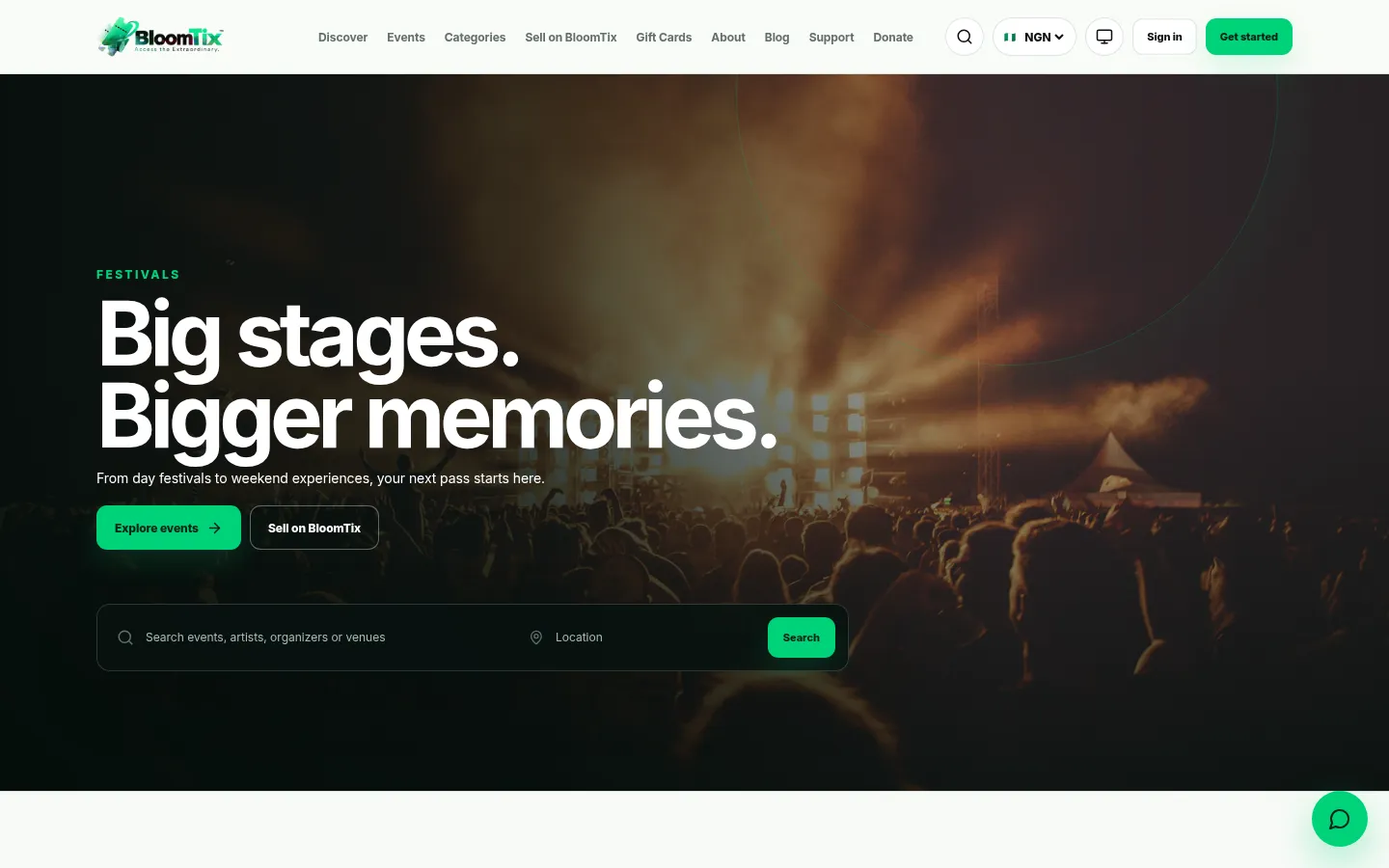 BloomTix home page with the headline Big stages. Bigger memories.