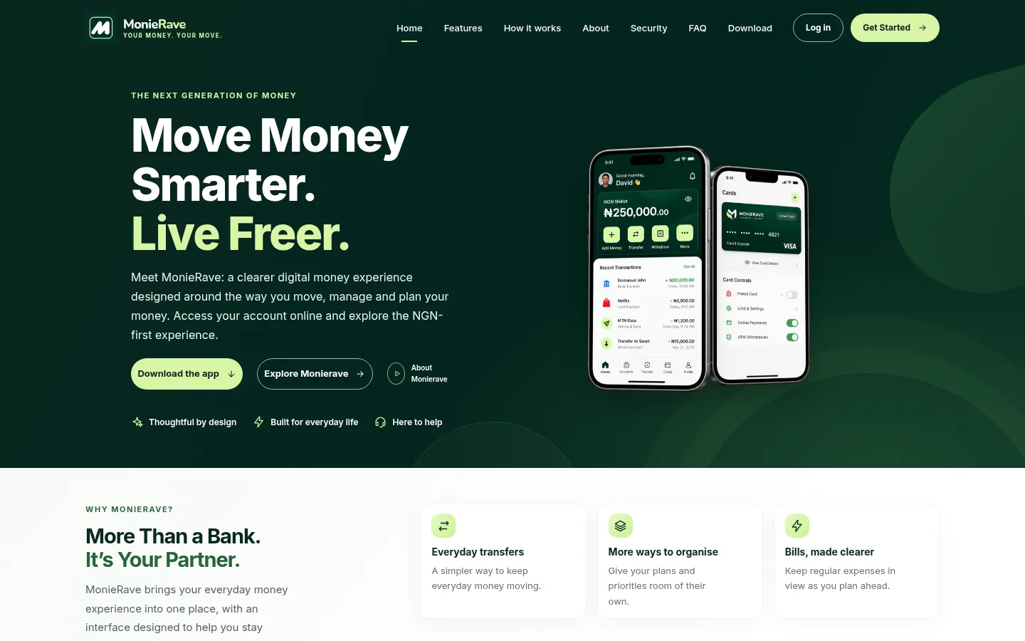 MonieRave home page with the headline Move money smarter. Live freer.